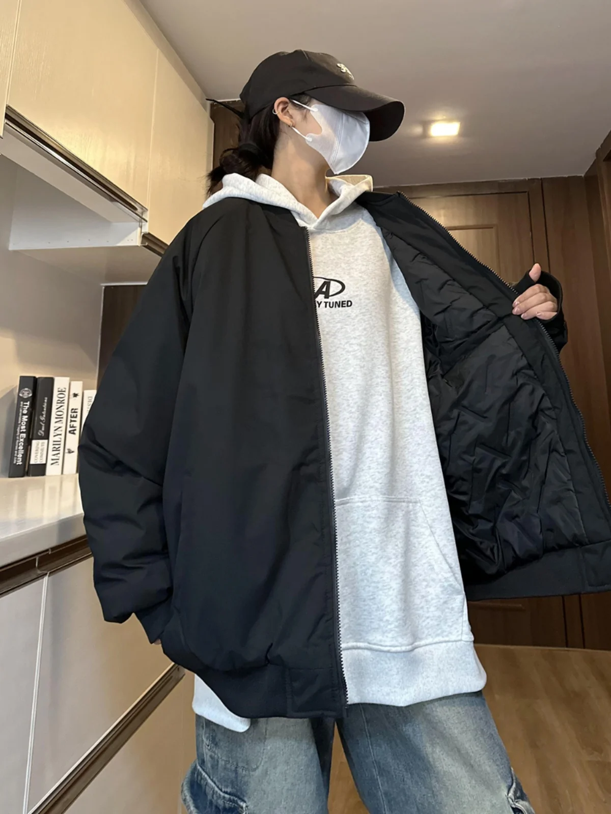 

Thiened Bla American Sle Flight Jaet Cotton Workwear Men's Autumn Winter Baseball Collar Coat Waterproof Polyester Fiber