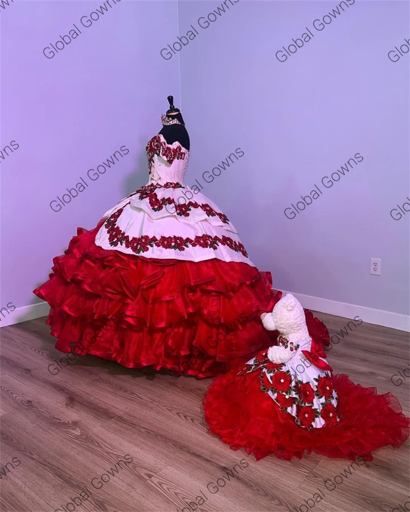 Vestido De baile De quinceañera con hombros descubiertos para niñas, vestidos De fiesta De cumpleaños, vestidos De graduación, apliques escalonados, rojo De México