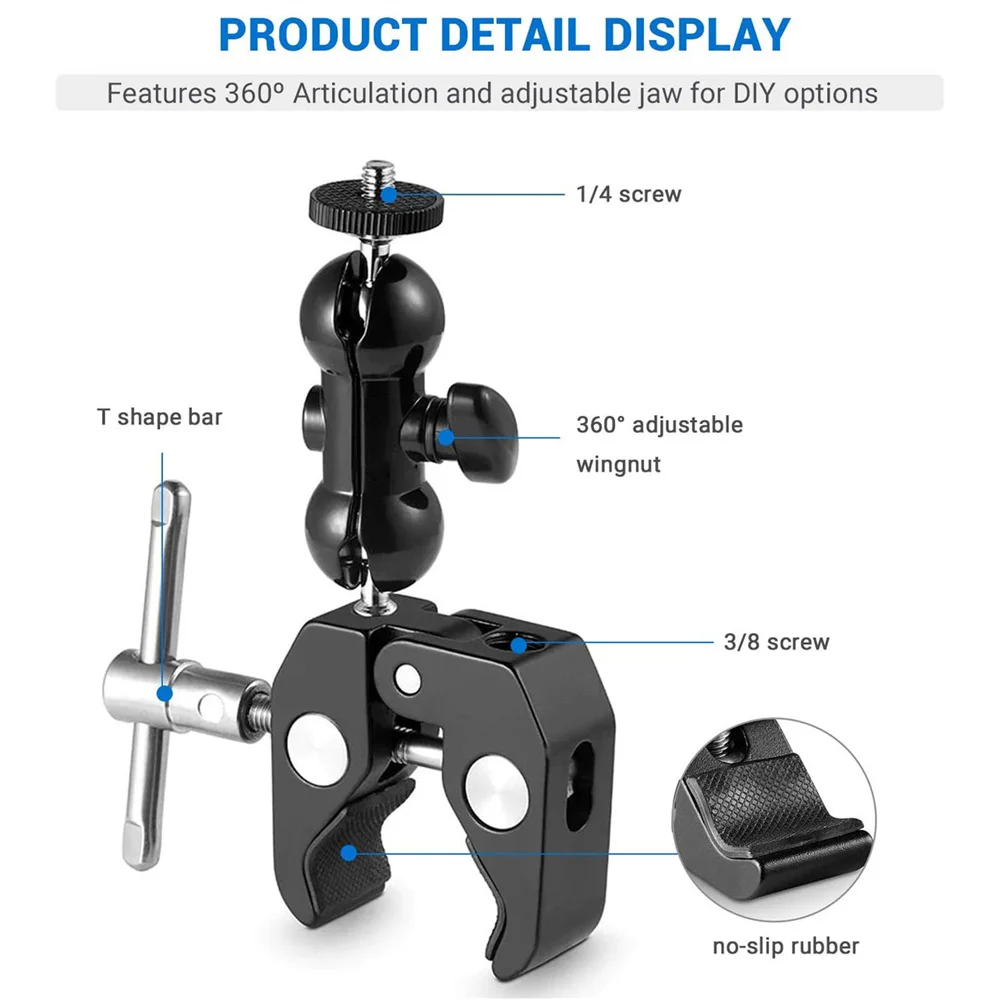 Multi-Function Metal Super Clamp Mount with 360 Ball Head Magic Arm Clamp w 1/4