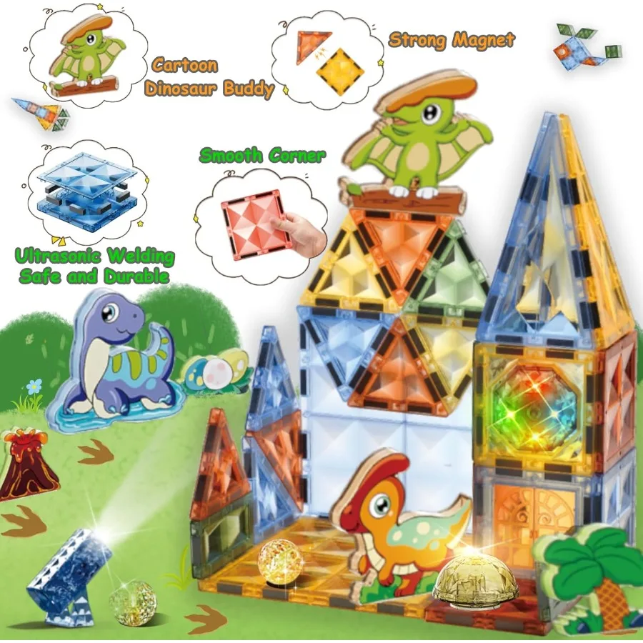 BINZKBB البلاط المغناطيسي 110 قطعة - مكعبات بناء مغناطيسية مضاءة ثلاثية الأبعاد لألعاب الديناصورات الإبداعية المكدس الحسي التعليمي STEM Con