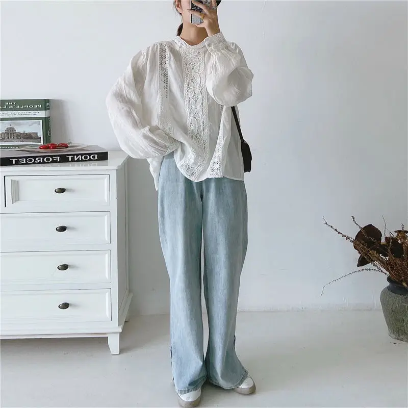 Johnature New Korean Linen Womens Tops And Blouses 2024 Autumn Vintage Hollow Out Loose Solid Color Female Shirts