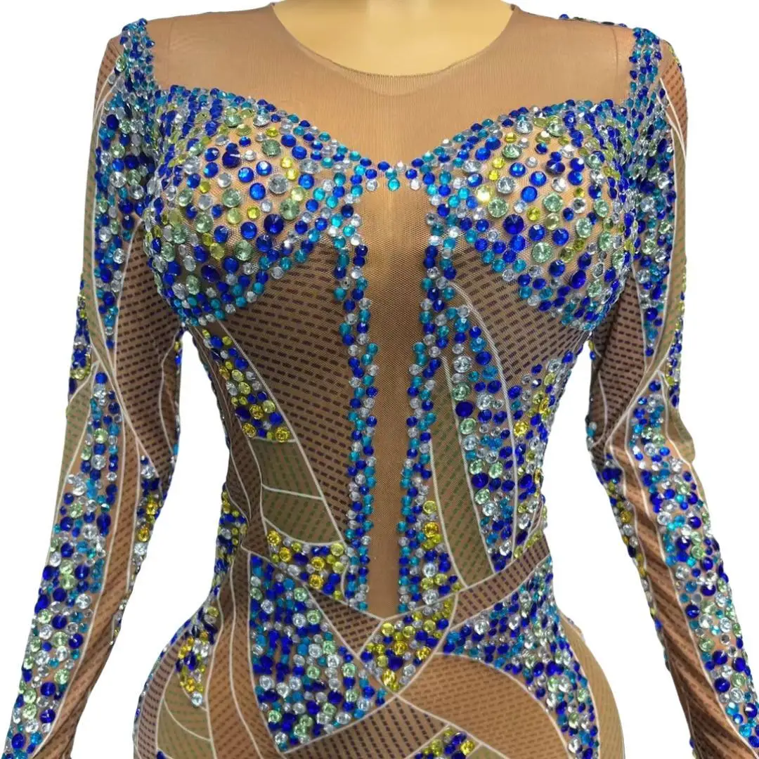 Birthday Party Sexy Women Couture Sparkling Crystal See Through Mesh Elegant Prom Dresses Tight Fitting Rhinestone Gown Luoye