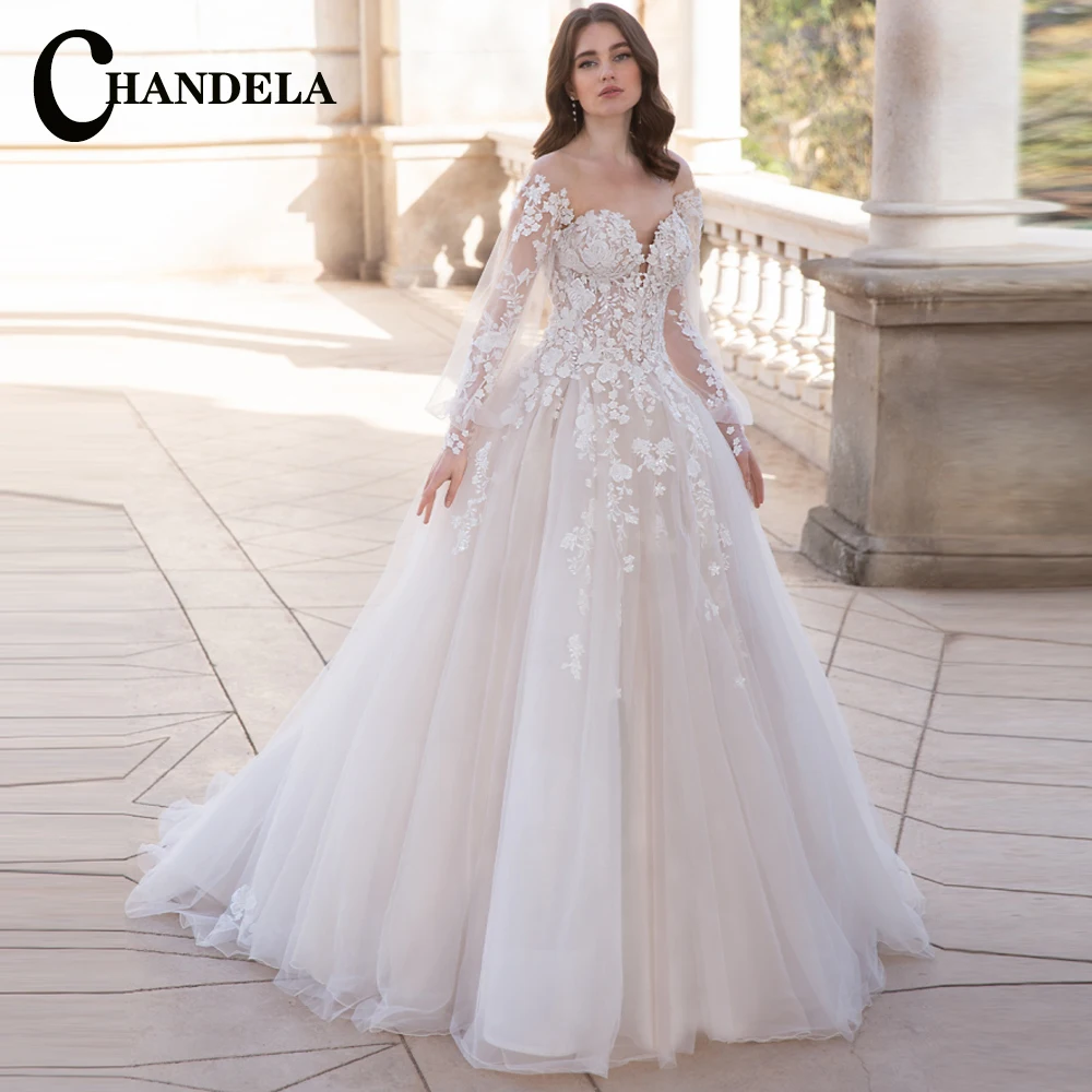 CHANDELA Elegant Wedding Dresses Puffy Sleeve Scoop A-Line Appliques Pleat Bridal Gown Vestido De Casamento Customised For Women