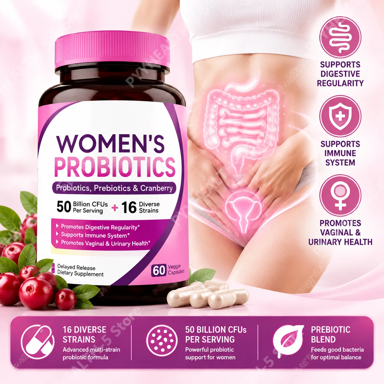 Probiotic 60 Billion - 여성용 프로바이오틱스 캡슐, 500억 CFU 함유,