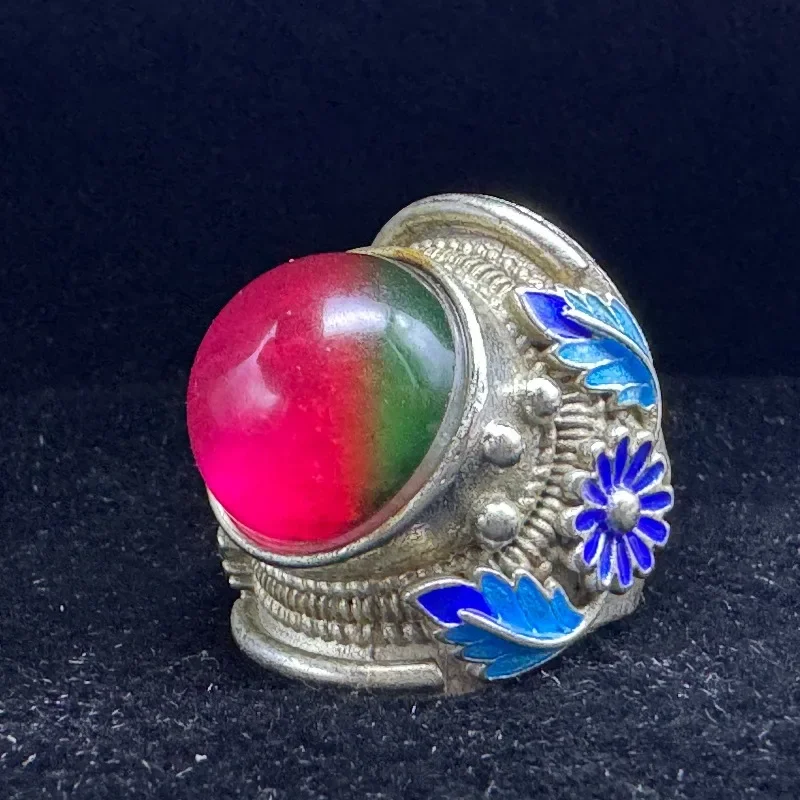 Vintage Cloisonne Ring, Silver Tone with Color Gradient Round Gemstone, Retro Ethnic Statement Finger Jewelry for Women