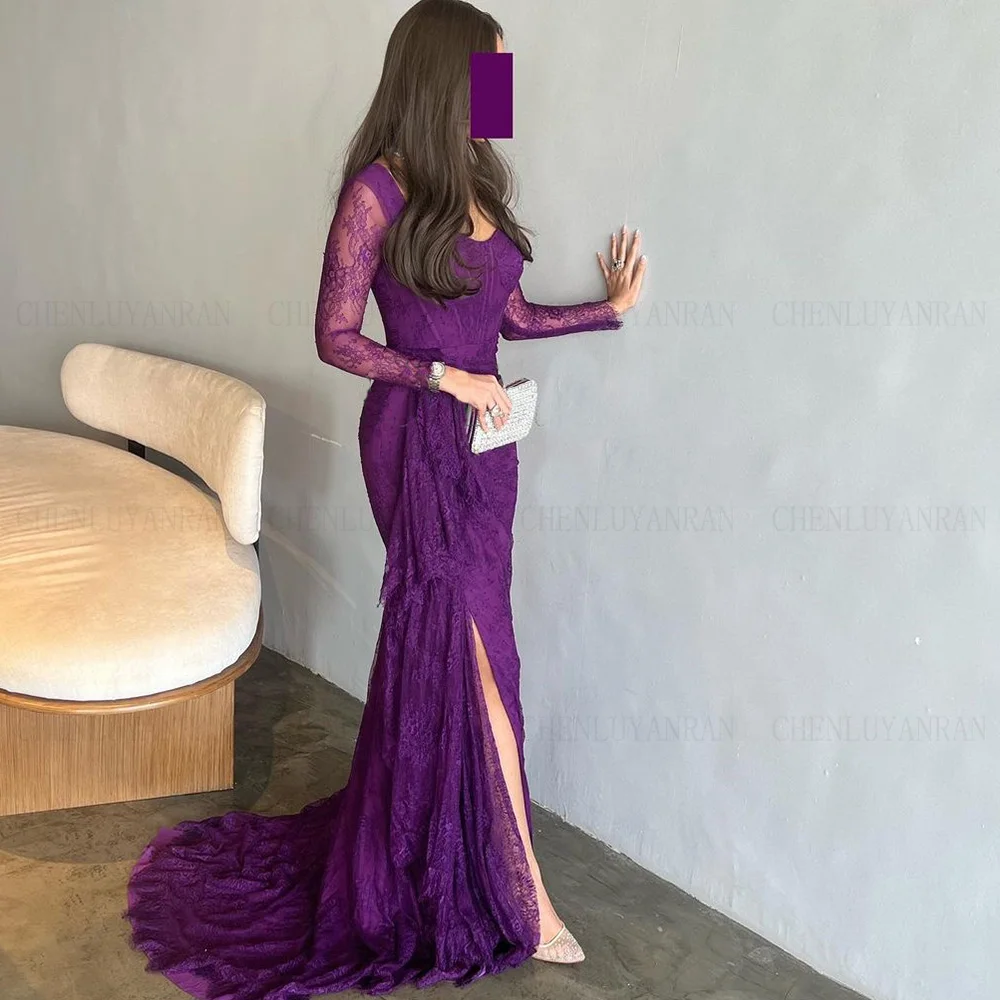 Purple Lace Formal Occasion Dresses 2024 Sweetheart Long Sleeves Ball Gowns Pleat Slit Sexy Evening Party Gown فساتين الحفلات