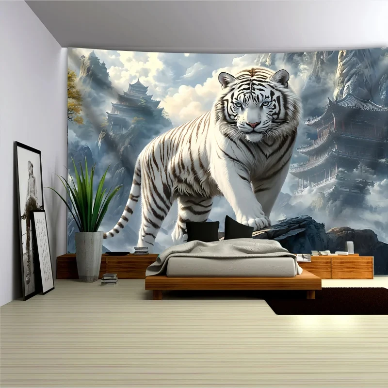 VIKAMA Wandteppich mit weißem Tiger, chinesischer Stil, Bergtempel, Naturlandschaft, Wandbehang, ästhetische Dekoration für Schlafzimmer, Wohnzimmer