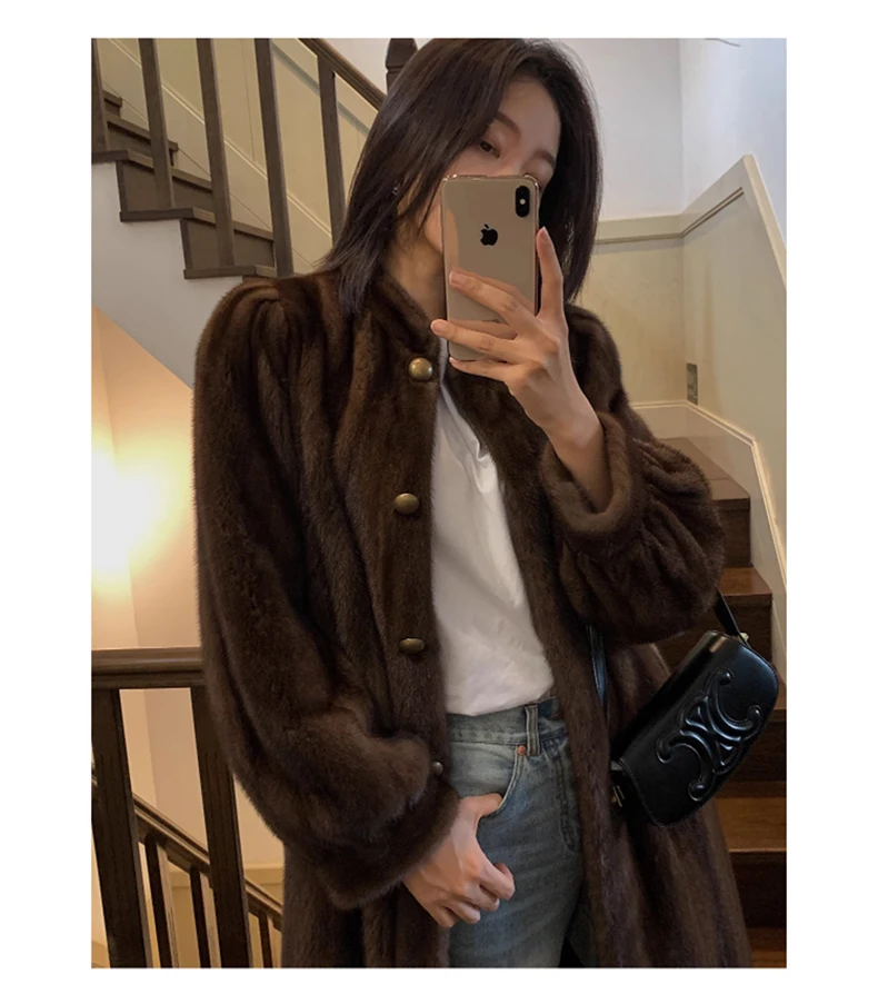 Lautaro Winter Long Brown Thick Warm Soft Faux Mink Fur Coat Women Puff Sleeve Elegant Luxury Chic Fluffy Furry Overcoat 2023
