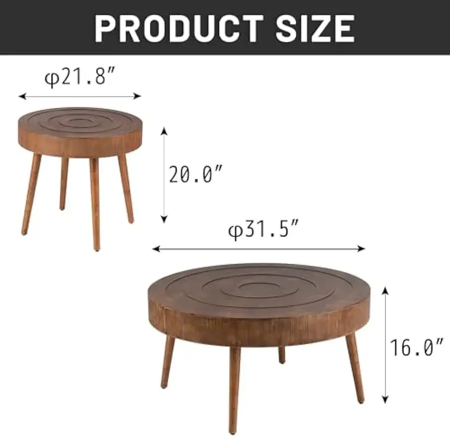 Round Coffee Table Set of 2, 2 Piece Farmhouse Nesting Table W Wooden Circle Sleeve Pattern, Modern MDF End Table for Livingroom