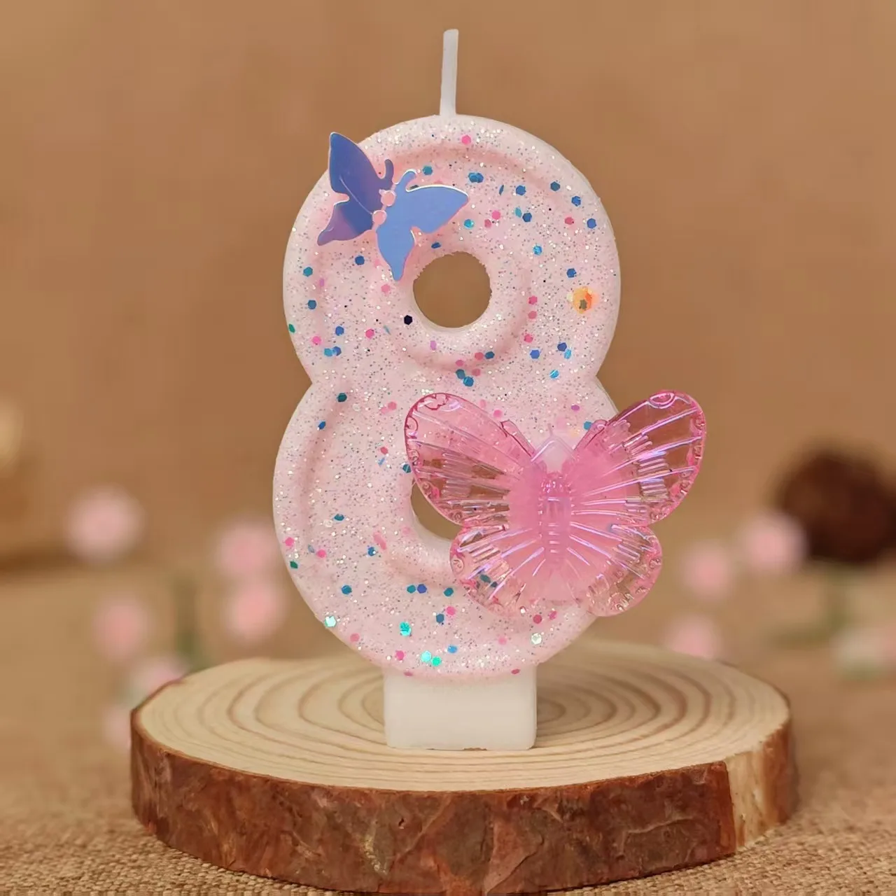 3D-Schmetterlings-Zahlenkerzen 0-9, glänzende, pinkfarbene Glitzerkerzen für Geburtstagskuchen, Kuchendekoration, Partyzubehör – Detail 12