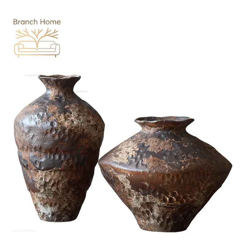 Wabi-sabi style ceramic vases, coarse pottery vases, floral art, vintage nostalgic handicrafts, homestay hotel Zen decorations