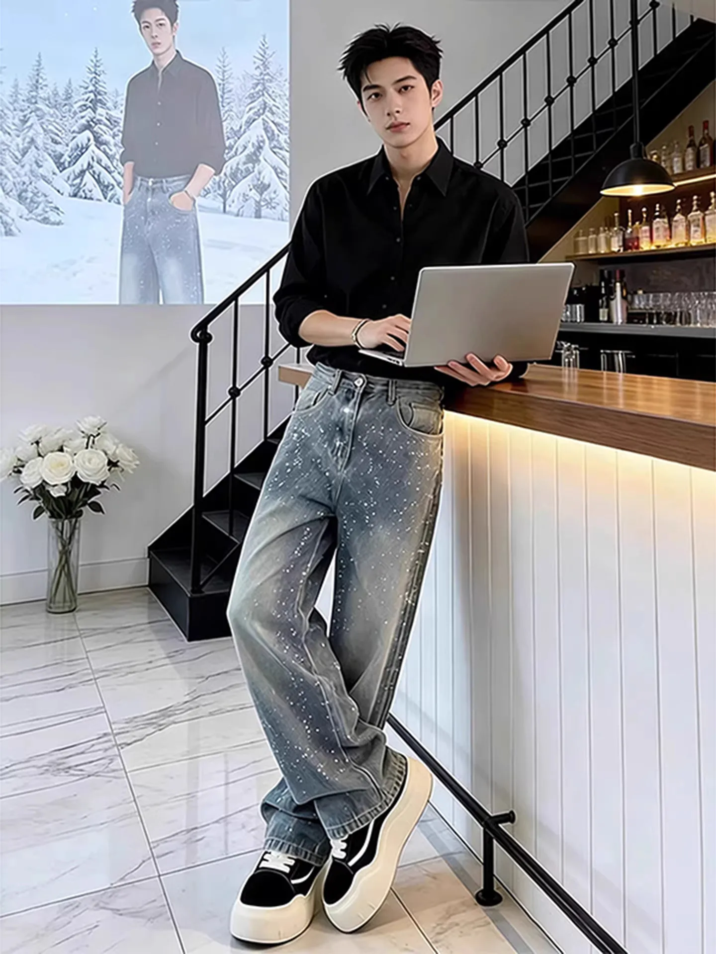 Blue Studded Denim Jeans American West Coast Straight Leg Knife  Loose Slimming High Street Vibe mid Waist Zipper Fly