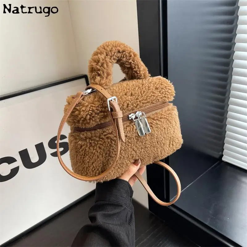 Winter Soft Plush Women\'s Small Shoulder Bag Faux Lamb Wool Ladies Bucket Crossbody Bags Cute Female Phone Pouch Purse Handbags