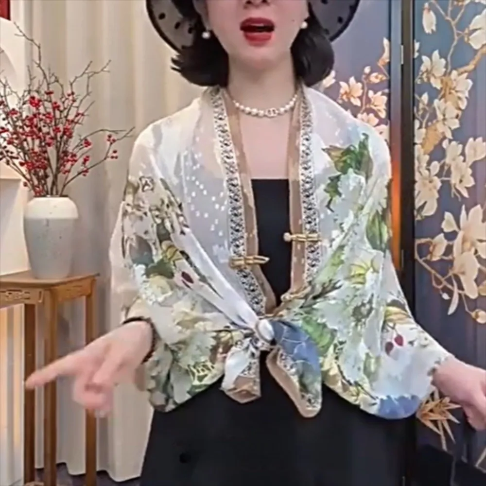 

Casual Retro Style Buckle Printed Shawl Flower Sunscreen Lady Silk Scarf Chinese-style All-Match Tudung Scarf Summer