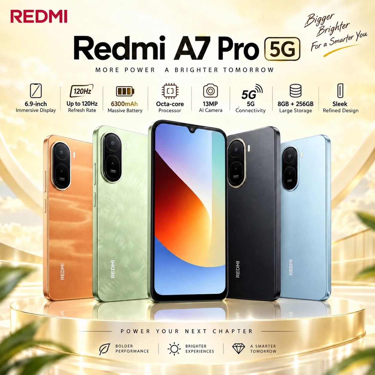 REDMI A7 Pro 5G: T8300 5G, 6.9-inch 120Hz display, 32MP AI camera, 6300mAh battery, 15W charging, plus 2TB expandable storage.
