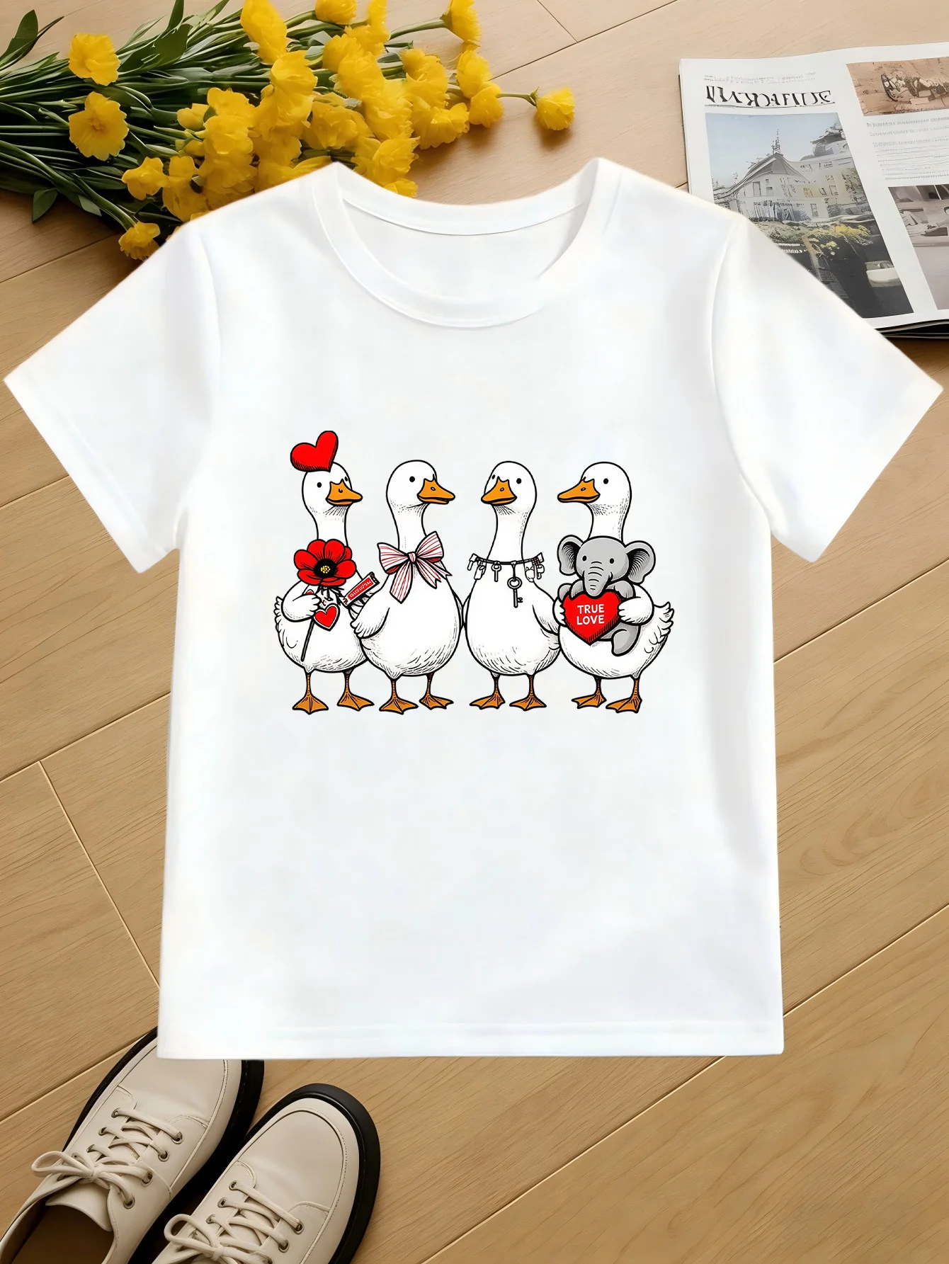 Cute Four Ducks True Love Kids Cartoon Animal Print Boys Girls Family Matching Cotton Summer Short Sleeve Basic Children Tshirt
