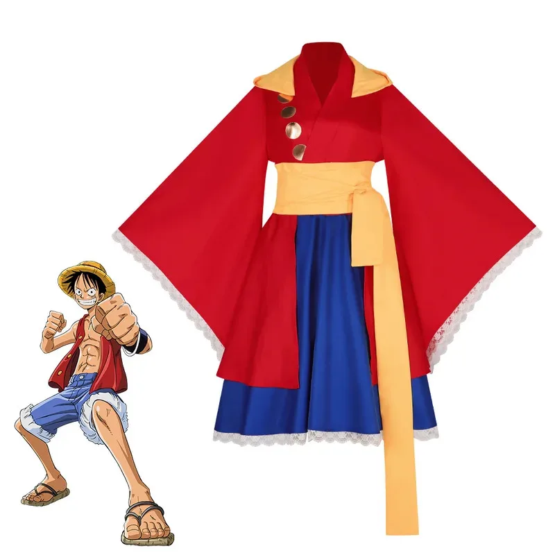 

Anime Monkey D. Luffy Cosplay Costume Red Hooded Tops Lolita Dress Kimono Women Adult Halloween Carnival Party Disguise Suit
