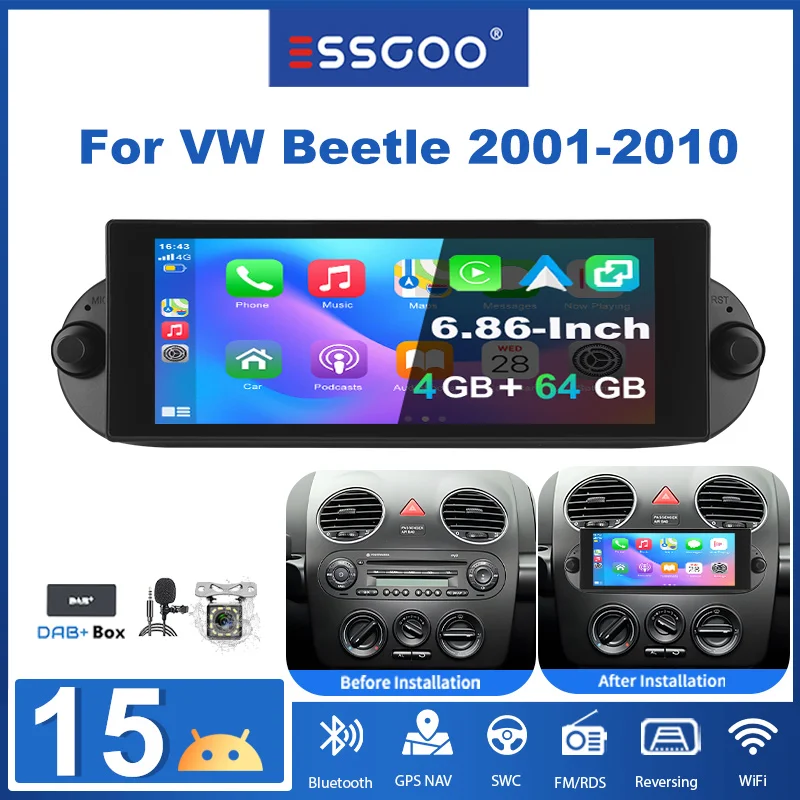 ESSGOO 6.86" Android15 4+64G für VW Beetle 2001-2010 Autoradio kabelloses CarPlay Android Auto GPS RDS FM WLAN Bluetooth Mirror Link Lenkradsteuerung Touchscreen Multimedia-Videoplayer