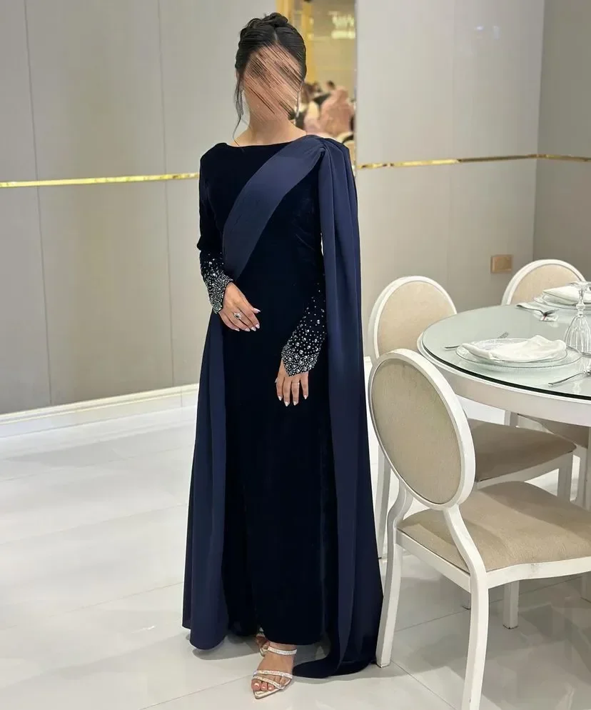 Customized Exquisite Arabic Dubai Prom Dresses Navy Blue Mermaid Evening Gown Beadings Long Sleeve Womens Formal Prom Dress 2024