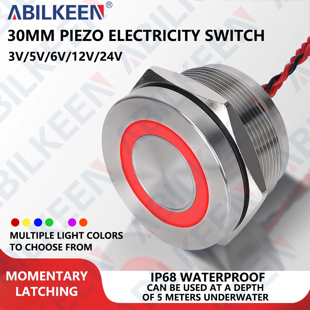 

ABILKEEN 30 мм светодиодный кольцевой светильник, пьезоэлектрический переключатель 1НО IP68, водонепроницаемый сенсорный чувствительный к давлению переключатель мгновенного/фиксации DC3 ~ 24
