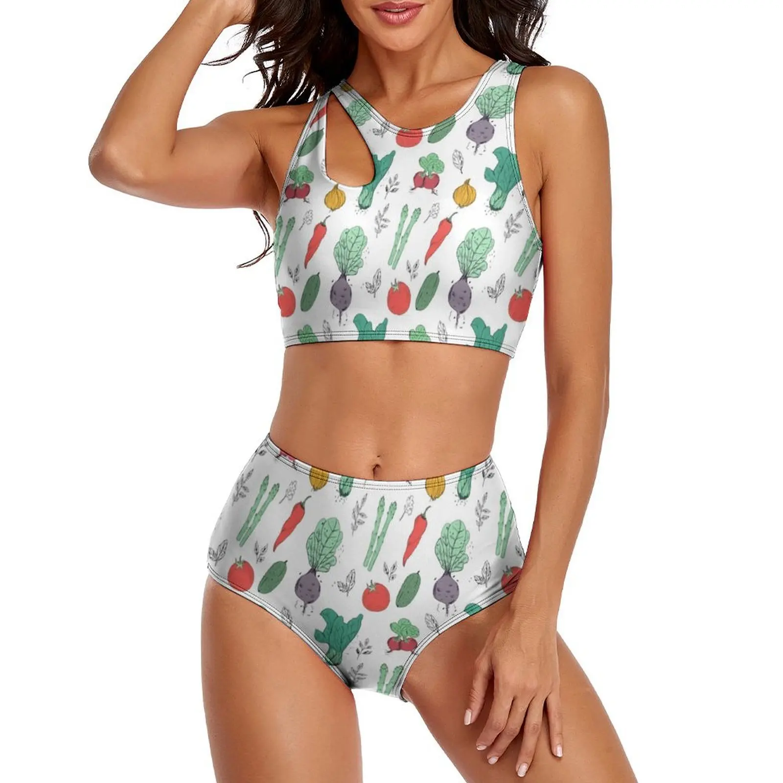 

World Vegetarian Day Memes Bikini Swimsuit Sexy Vegetables High Waist Bikini Set Two Piece Design Swimwear Push Up Bathing Suit