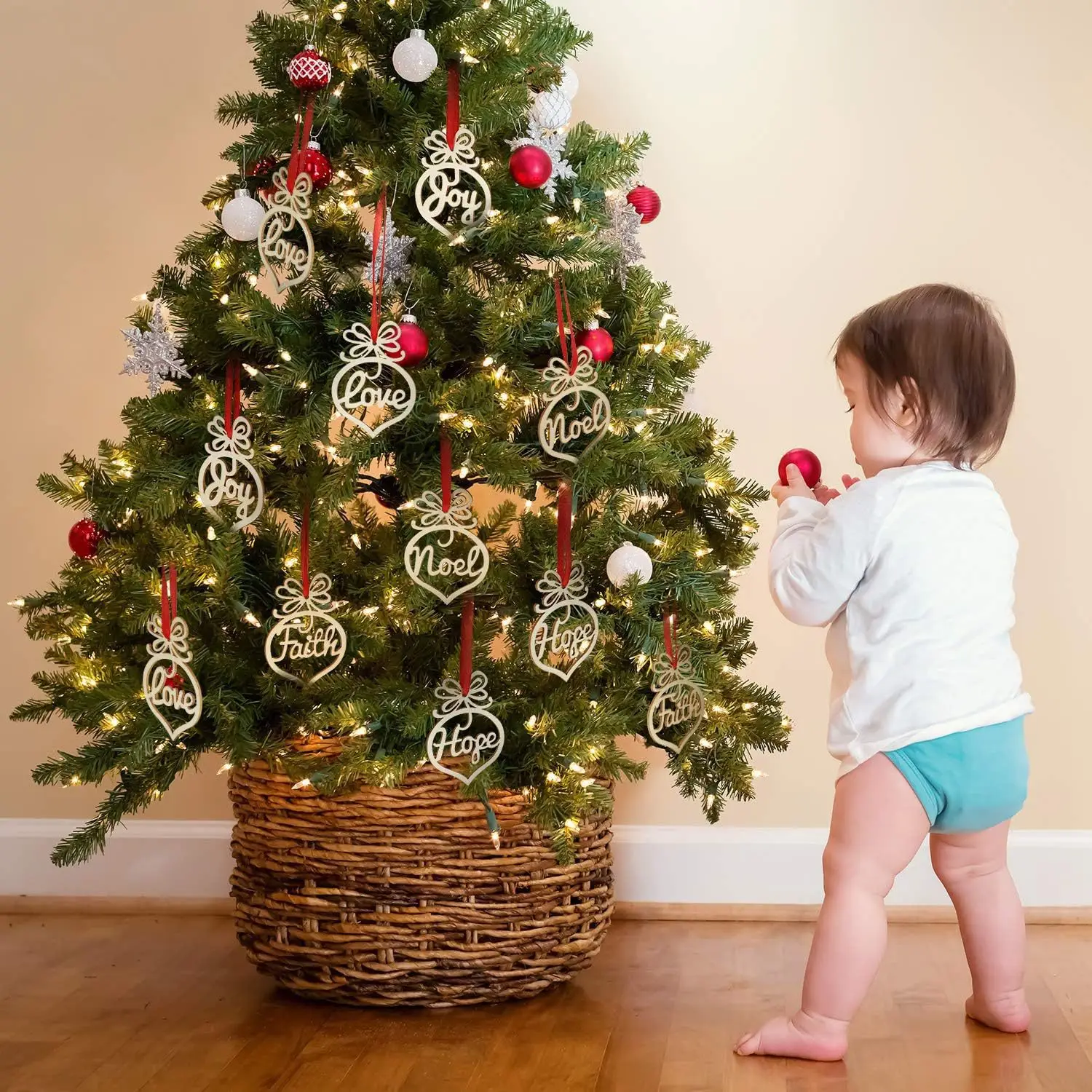 

72 Pieces Christmas Wooden Hollow Hanging Ornaments Christmas Tree Hanging Tags with Red Ribbons for Xmas Decorations