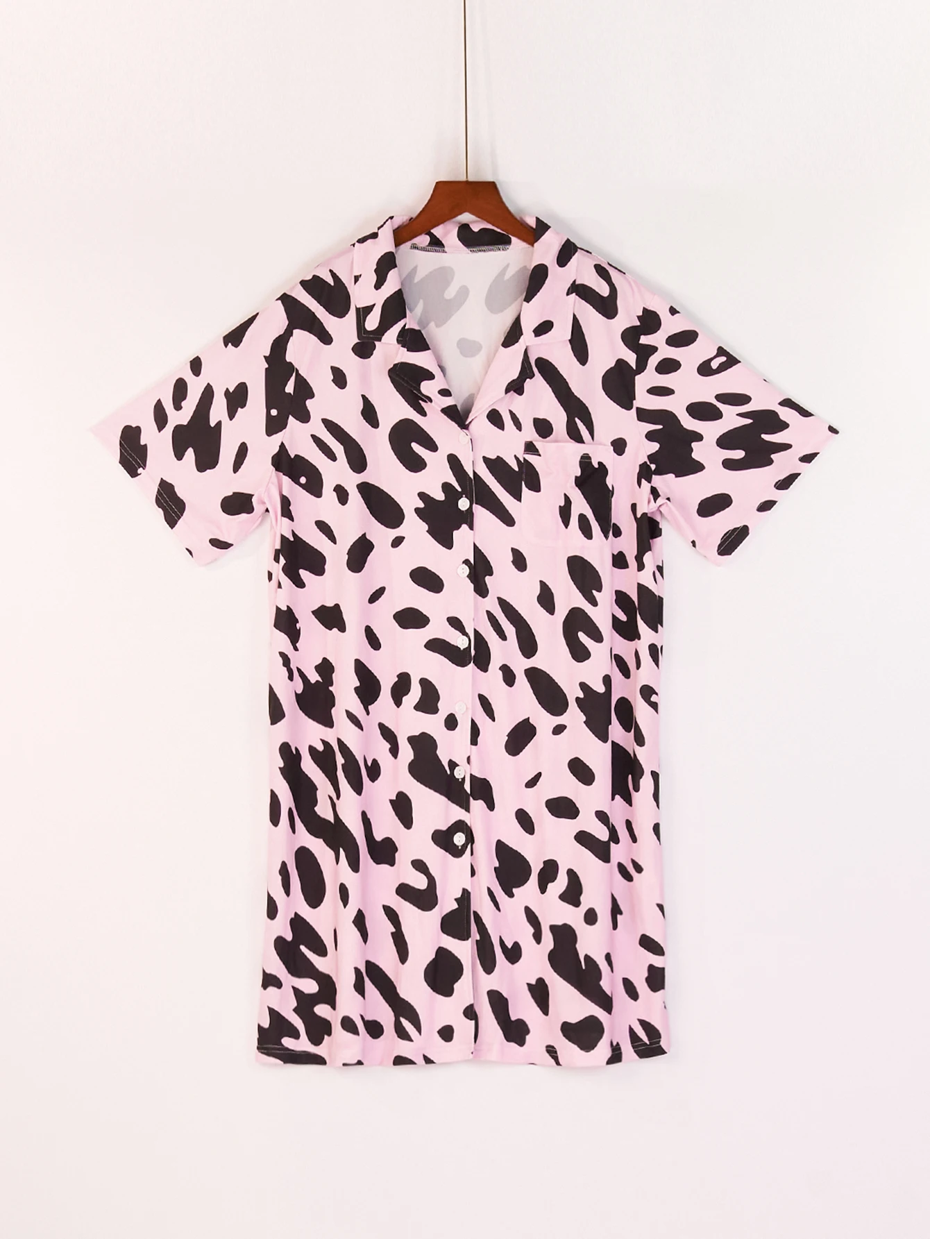 Plus Size Women's Spring Summer Leopard Print Lapel Short Sleeve Shirt Style Nightgown Soft Casual Home Sleep Dress - view 6