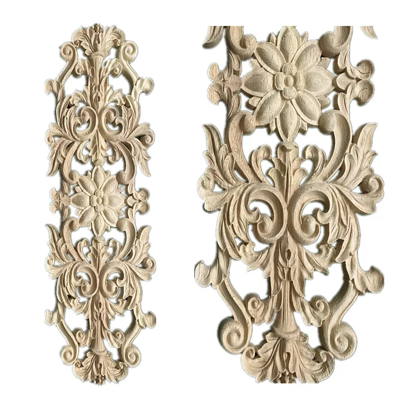 2PCS 50cm Vintage Floral Carved Corner Applique Wall Door Cabinet Decorative Figurines Wood for Furniture Decoration Accessories