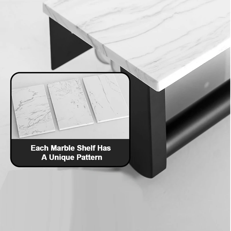Marble Toilet Paper Holder With Shelf Toilet Paper Roll Holder Wall Mount For Bathroom Cabinet Decorative, Black Easy To Use