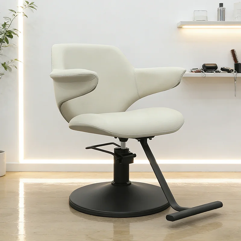 kr-Unique Design Salon Furniture Beige Hairdressing Styling Chair Modern Black Round Base Beauty Shop Shaving Barber Chair！