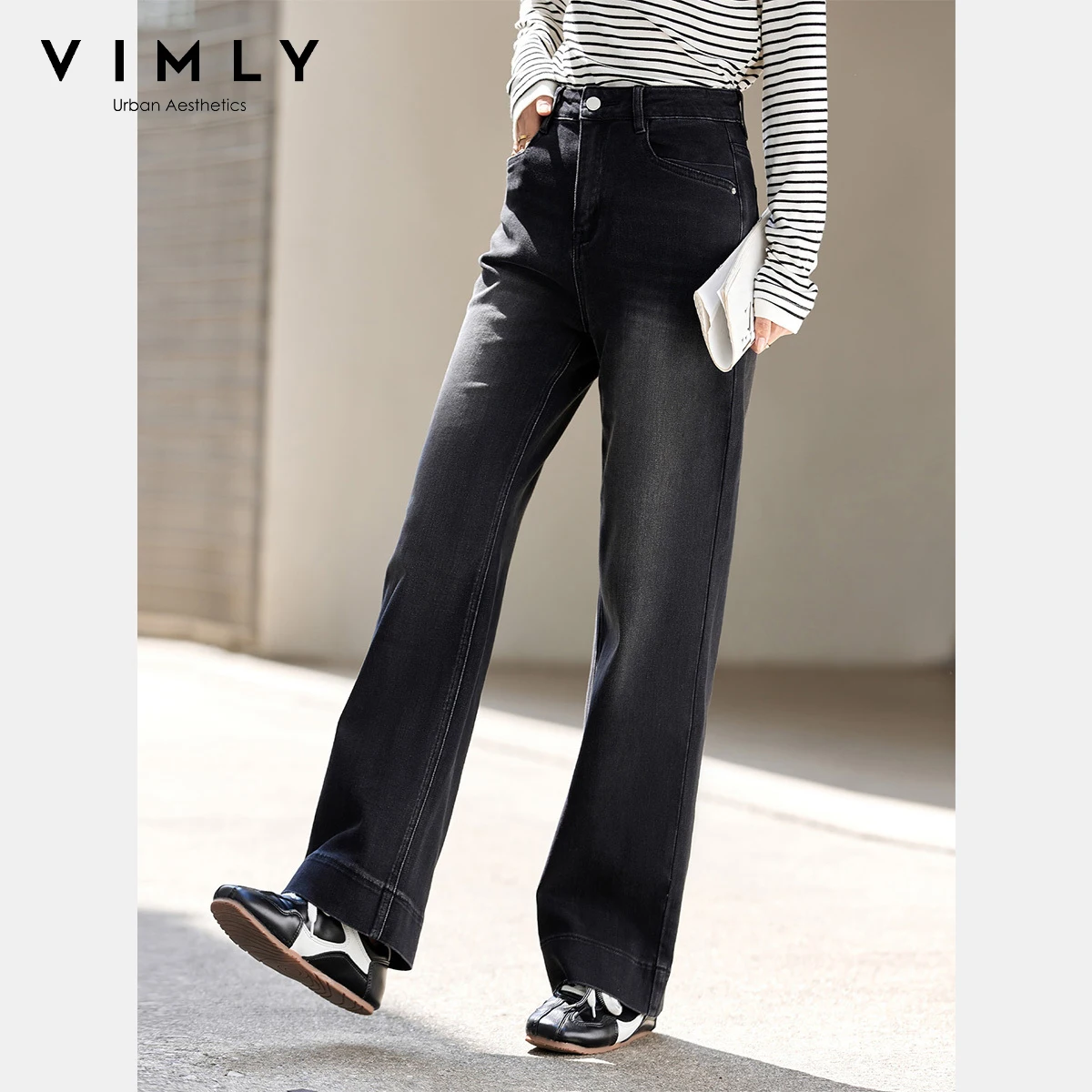 VIMLY Women's Black Pants Loose Vintage Clothing Baggy Jeans Autumn 2025 New Elegant Bleached Wash Button Trousers Ladies 75179