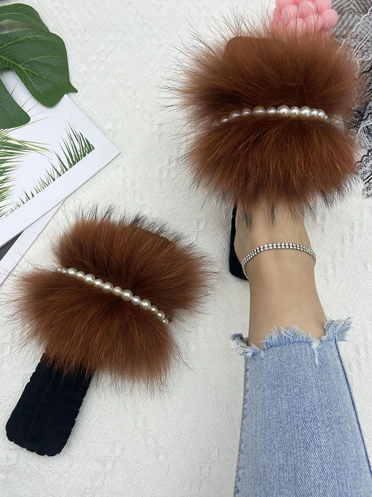 Woman Pearl Chain Flannel Flats Slippers Ladies 100% Natural Raccoon Fur Slides Fluffy Female Luxury Fox Fur Flip Flops Sandals