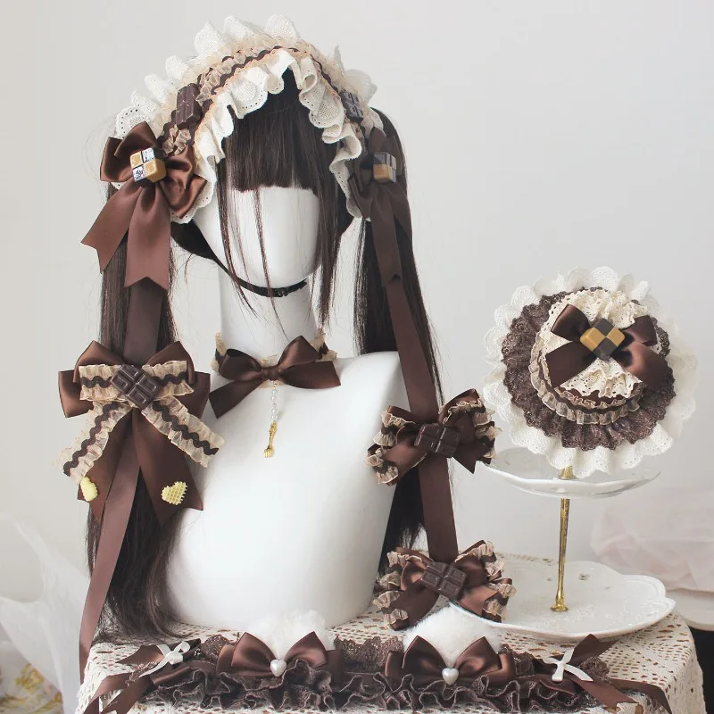 Sweet Chocolate‑Color Lolita Hair Accessories, Hawthorn Berry Cake Mini Top Hat Headband Hair Clips Choker for Girls Matching