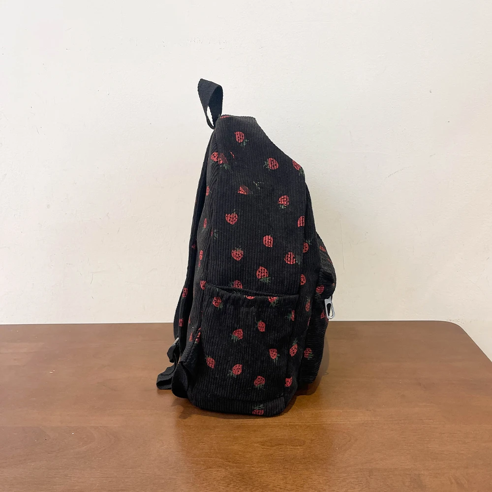 Lovely Little Fresh Strawberry Print Junior High School Bag Corduroy New Female All-Ins Lightweight Simple Backpack