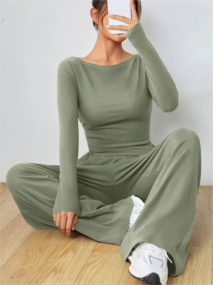 Venta de ropa para mujer, conjunto deportivo de Yoga, conjunto de pantalones de pierna ancha de dos piezas para mujer, traje suave y de chándal, traje irregular de moda