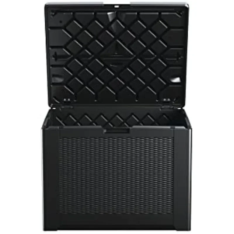 Rubbermaid Medium Resin Outdoor Storage Deck Box 74 Gal Charcoal with Decorative Basketweave Pattern for Back-Yard Garden