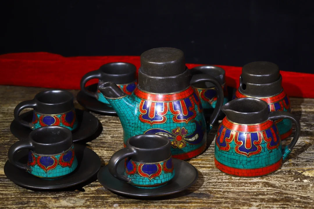 Colección de templo tibetano de 6 ", tetera de arcilla púrpura antigua, mosaico de gemas, juego de té de coral turquesa, tetera, olla oculta, casa de ciudad