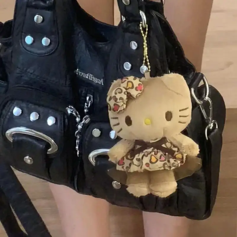 Sanrio Black Skin Hello Kitty Leopard Print Keychain Cartoon Plush Toys Kawaii Backpack Pendant Cute Stuffed Doll Halloween Gift