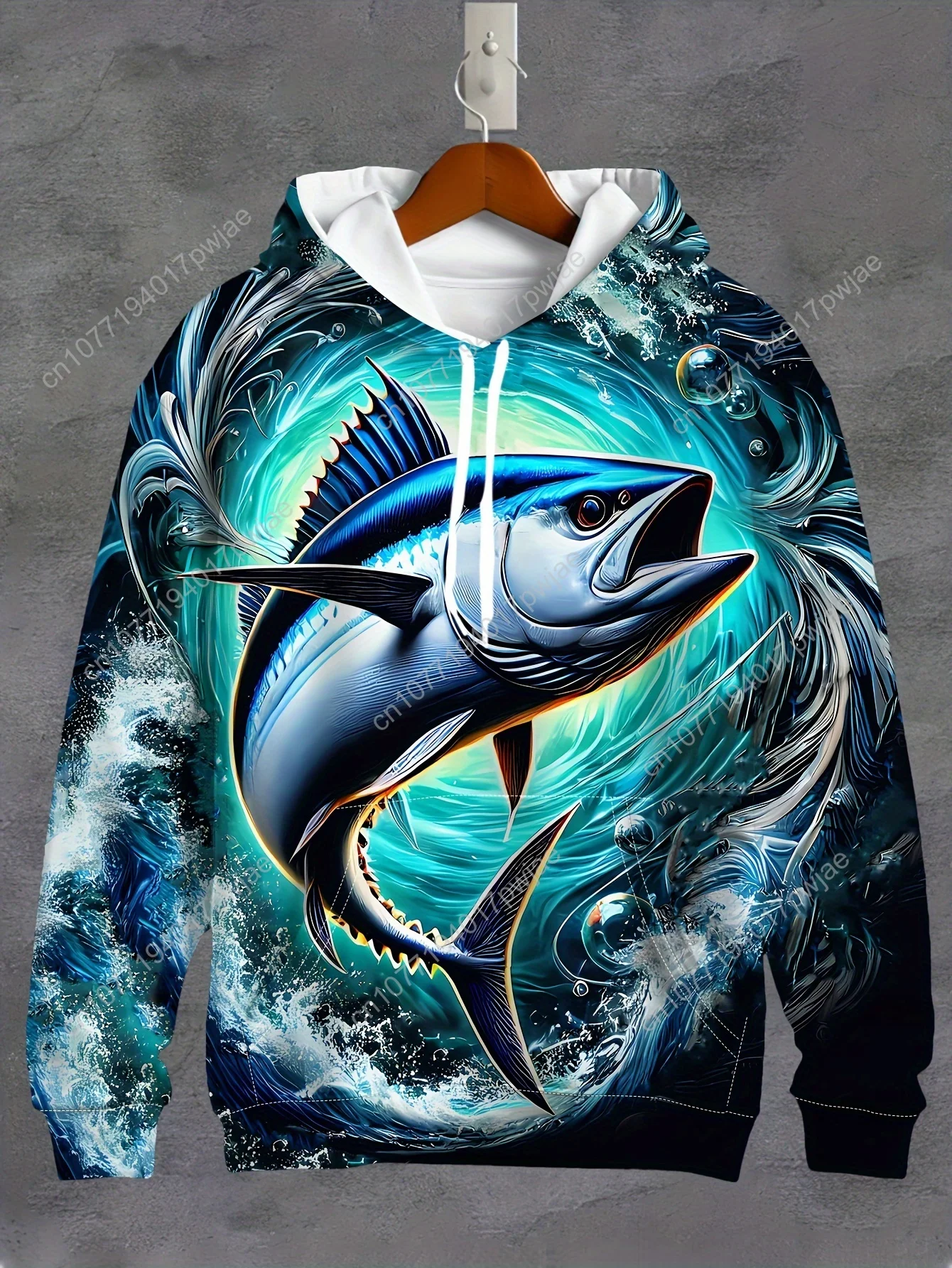 [Modelo elegante] Moletom casual masculino com estampa de peixe 3D de manga comprida |   Bolso com cordão |   Padrão elegante |   Moda Esportiva