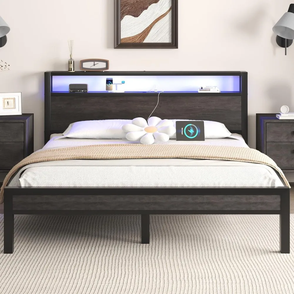 

Queen Size Bed Frame with Storage Headboard and LED Lights, Industrial Platform Bed with Charging Station, Heavy Duty Metal Slat