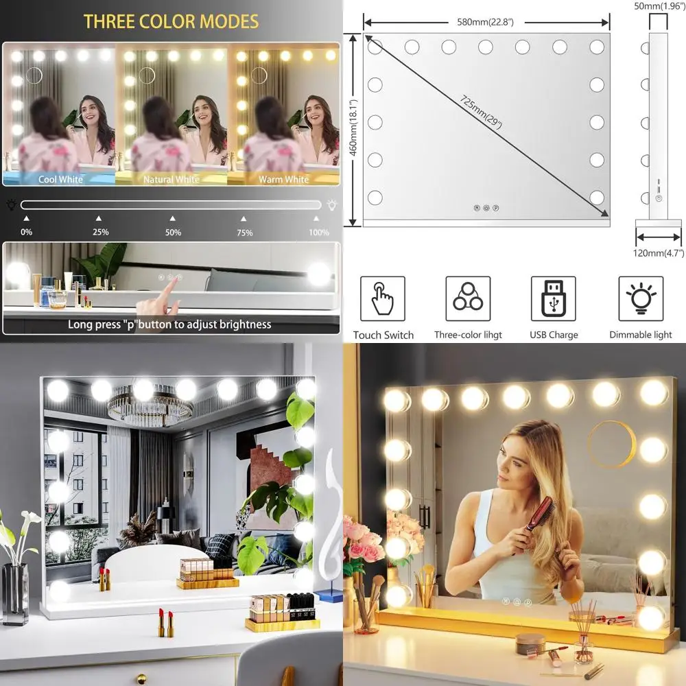 مرآة زينة LED مقاس 18.2 × 22.8 مع تكبير 10 مرات، وإضاءة قابلة للتعديل، ومنفذ USB، ولمسة نهائية ذهبية #1