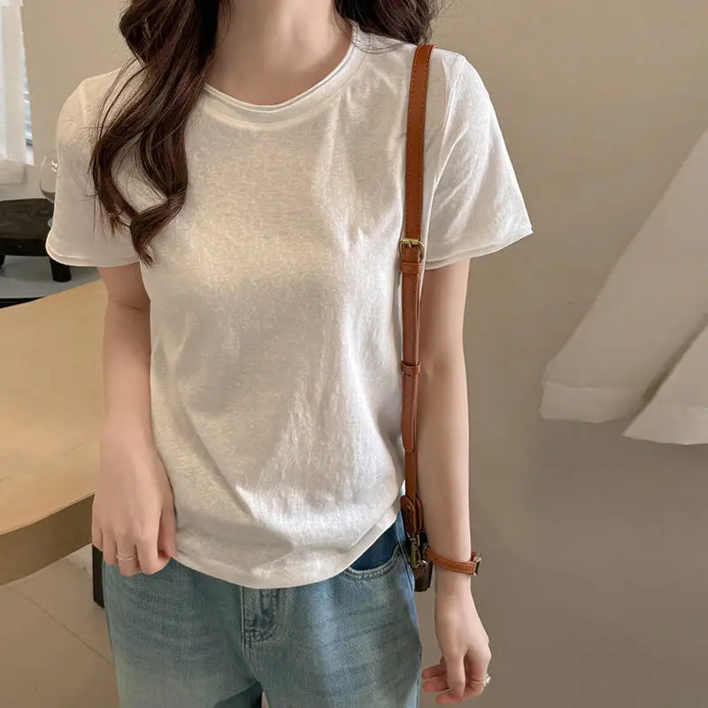 

Корейская женская футболка из чистого хлопка с коротким рукавом, свободного кроя, для весны и лета, приталенная, стройнящая, топ-футболка ﻿