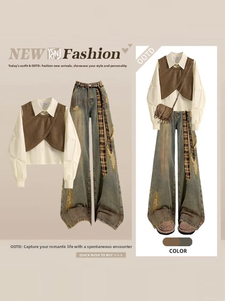 

Корейский ретро-комплект из двух предметов: многослойный жилет и джинсы с высокой талией, модный весенний комплект с длинными рукавами и круглым вырезом