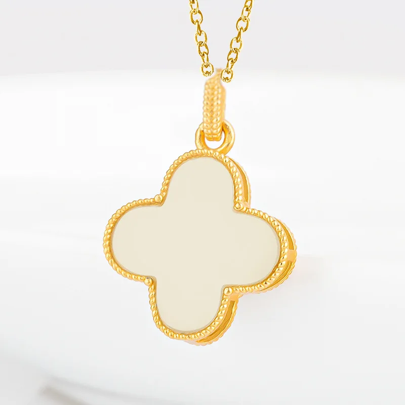 

Genuine S925 Sterling Silver Inlaid Natural Hetian White Nephrite Four-Leaf Clover Pendant, Fashionable New Style Jade Necklace