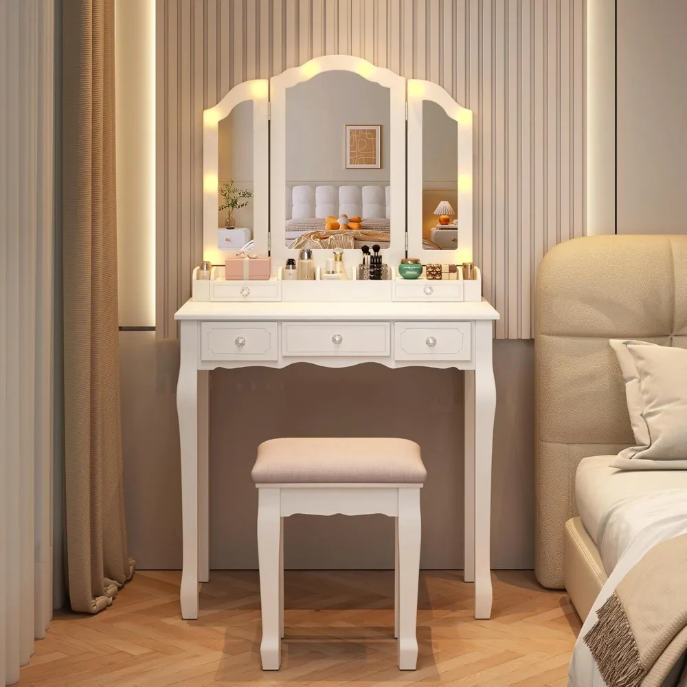 

White Makeup Vanity Table Set Vanity Desk with Light and Mirror Vanity Table with Drawers and Cushioned Stool Makeup Table