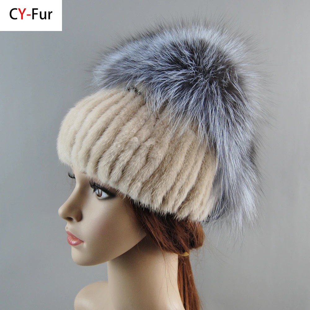 

New Winter Women Knitted Real Mink Fur Hat Natural Warm Mink Fur Cap Top Fox Fur Lady Fashion Quality 100% Genuine Mink Fur Hats