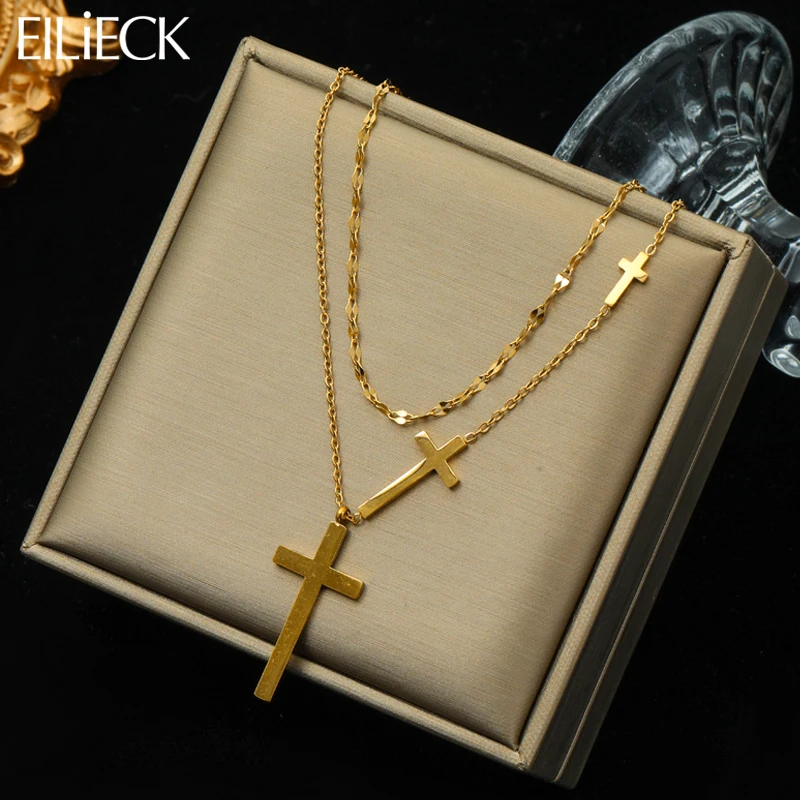 EILIECK 316L Stainless Steel Gold Color Cross Pendant Necklace For Women New 2in1 Choker Chains Jewelry Lady Gift Party Bijoux