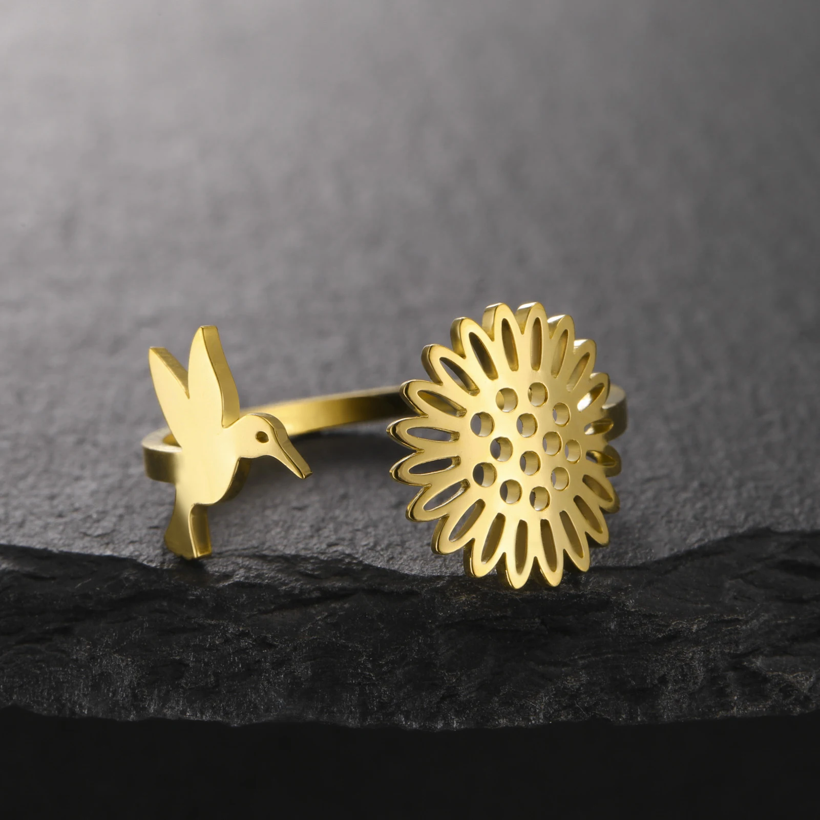 Offene Ringe mit Sonnenblumen-Kolibri für Damen, Edelstahl, goldfarben, verstellbare Ringe, Vogel-Blumen-Schmuck, Geschenke
