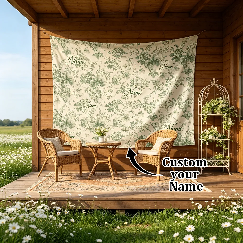 1PC Personalized Green Botanical Floral Toile Tapestry Custom Name Vintage Plant Wall Hanging Bedroom French Country Decor