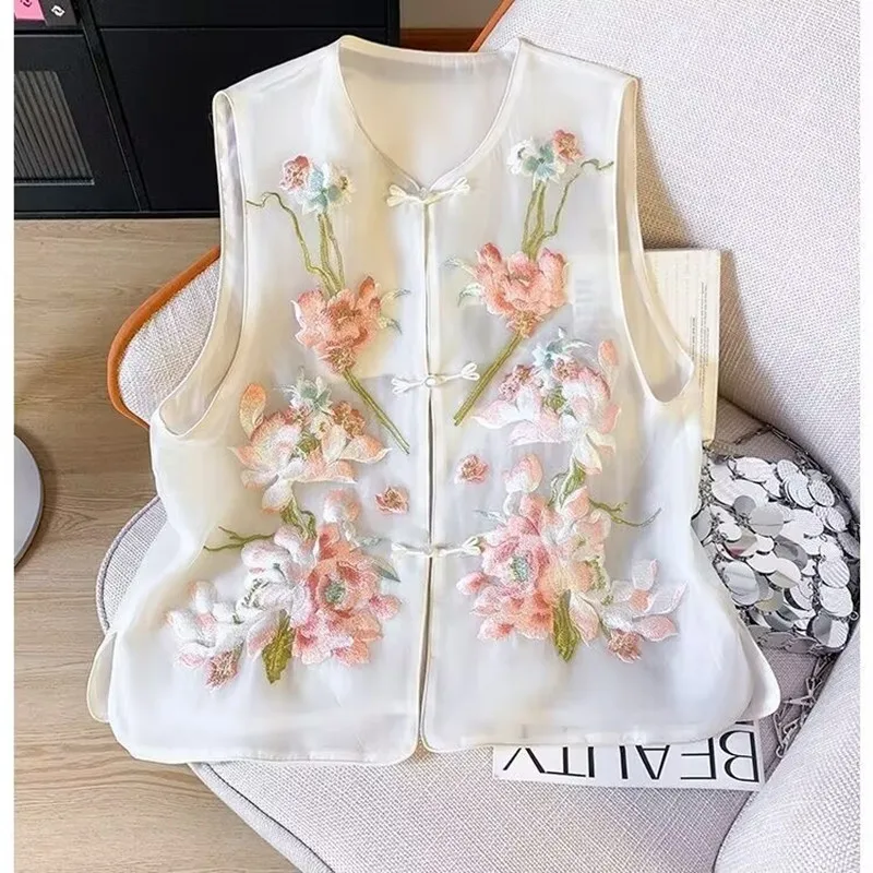 Chinese Style Embroidery Waistcoat 2025 Summer Women Breathable Thin Vest Female Sleeveless Short Jacket Autumn Vintage Vest